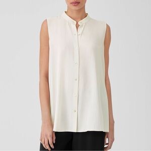 Eileen Fisher 100% Silk Georgette Crepe Sleeveless Button Up Shirt Bone Cream XL